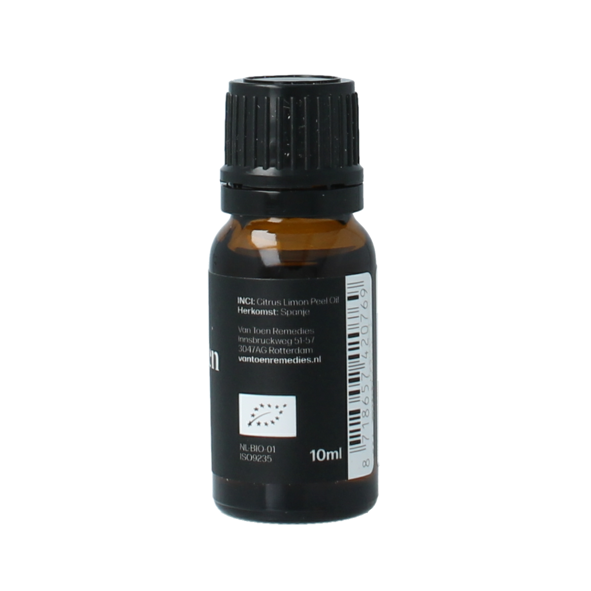 Van Toen Citroen bio essential oil bottle, 10ml, highlighting the glass container and citrus label.