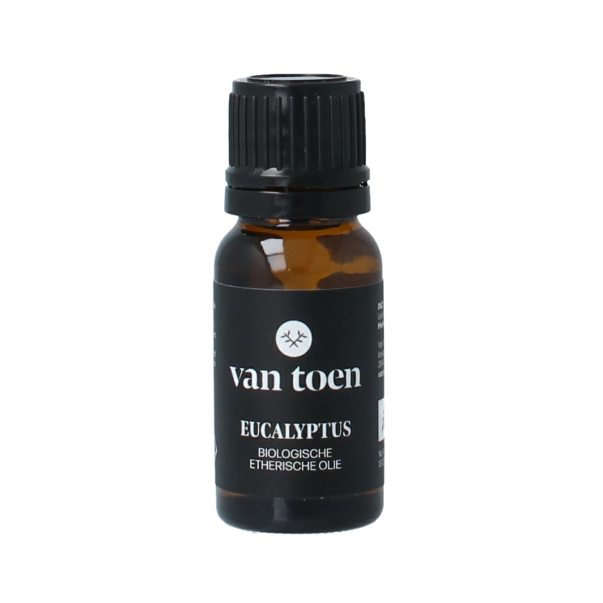 Van Toen eucalyptus bio essential oil in a 10ml bottle, showcasing the clear liquid and label details.