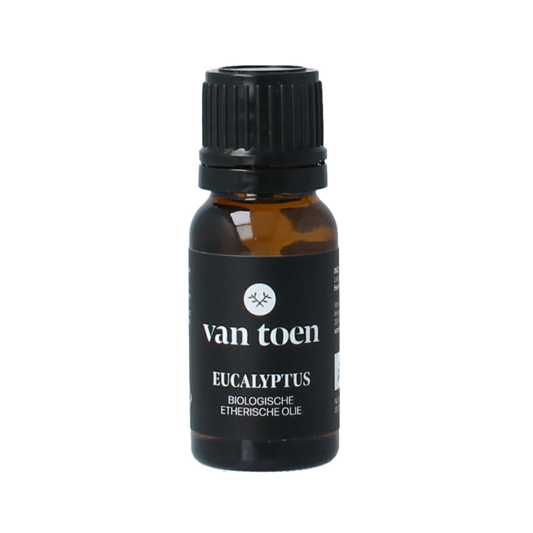 Van Toen eucalyptus bio essential oil in a 10ml bottle, showcasing the clear liquid and label details.
