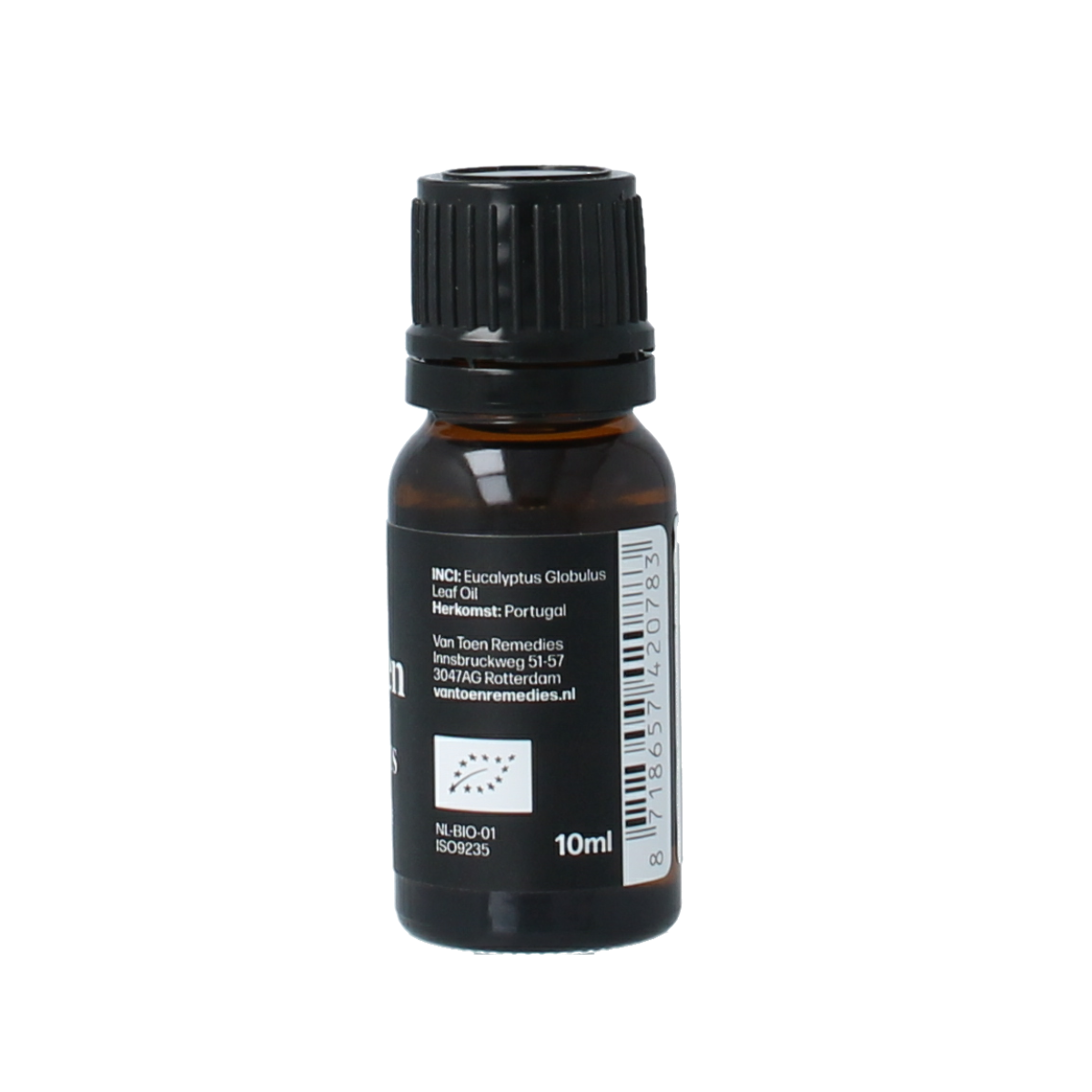 Van Toen eucalyptus organic essential oil in a 10ml bottle, showcasing the product label and dark glass container.