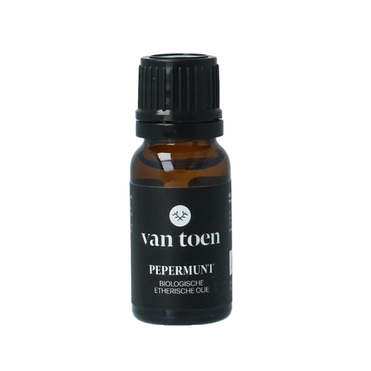 Van Toen Bio Pepermunt essential oil in a 10ml bottle, natural peppermint aroma, for aromatherapy and wellness.