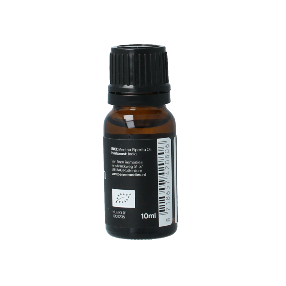 Van Toen Pepermunt bio essential oil bottle, 10ml, with a clear label and dark amber glass container for natural aromatic use.