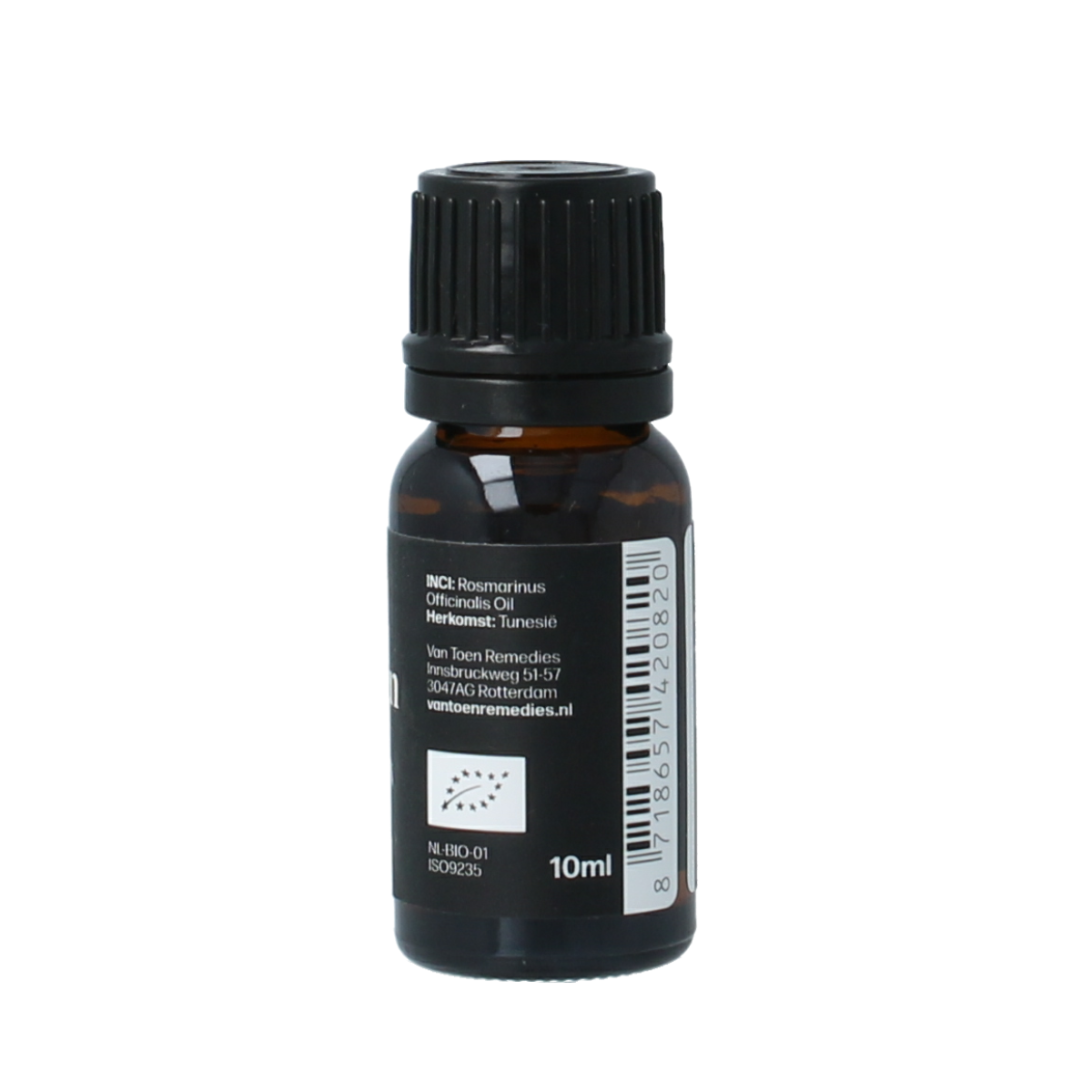 Van Toen Rozemarijn bio essential oil bottle with 10ml capacity, featuring a clear label and packaging.