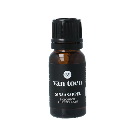 Van Toen Sinaasappelzoet bio essential oil bottle, 10ml, with orange-colored label and cap, highlighting natural citrus scent.