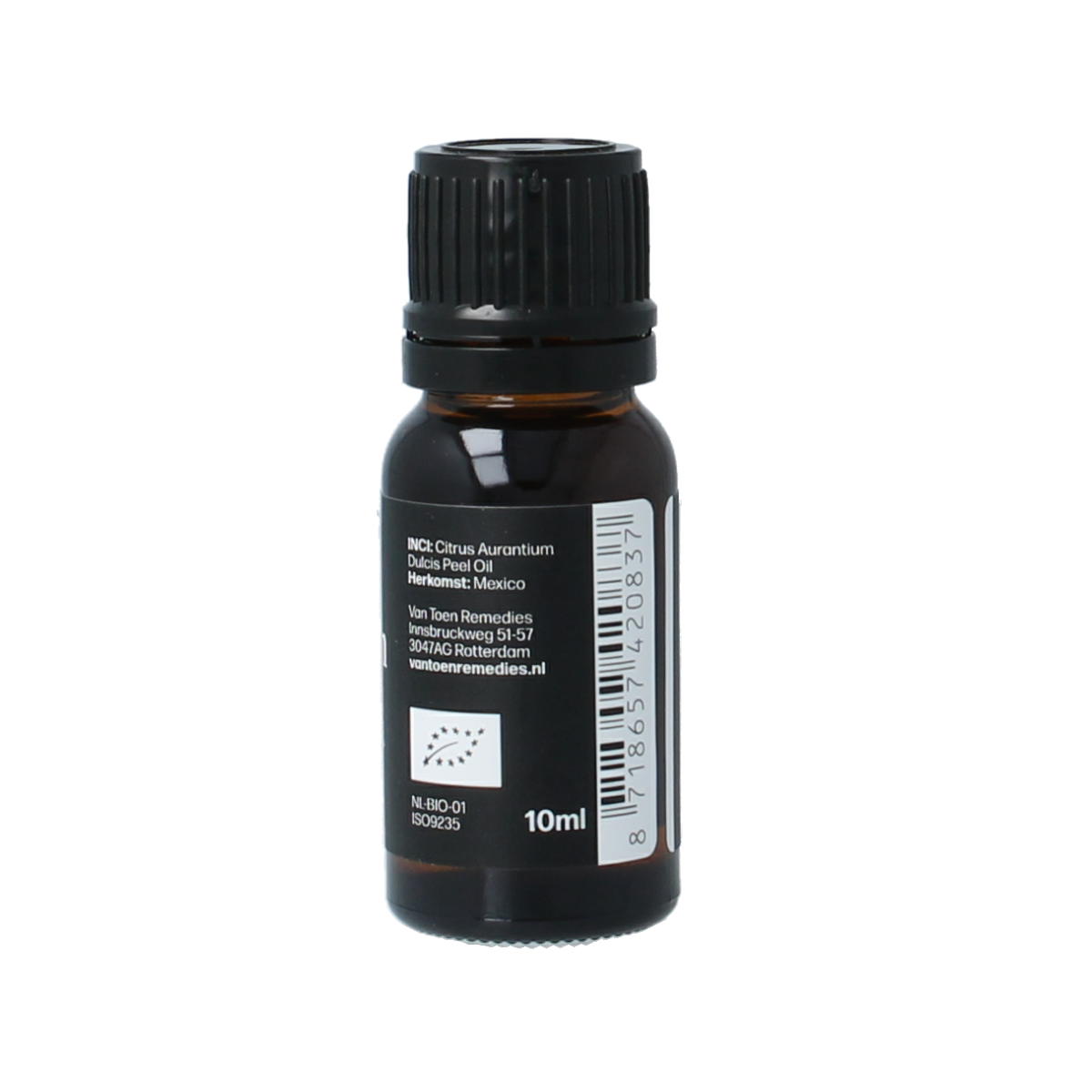 Van Toen Sinaasappelzoet organic essential oil in 10ml bottle, showcasing the amber glass and citrus fragrance.