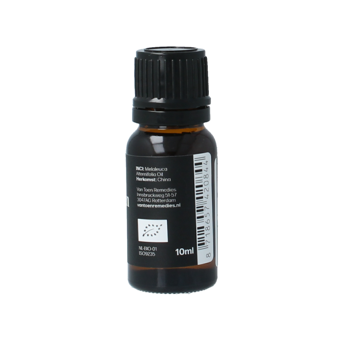 Van Toen Tea Tree bio essential oil in a 10ml bottle, showing the clear glass container and label.