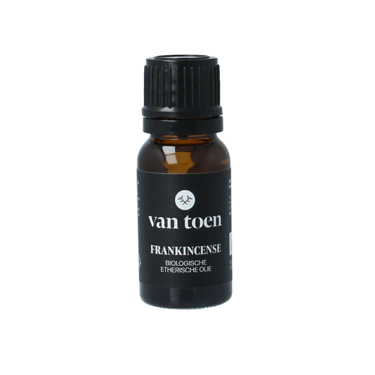 Van Toen organic frankincense essential oil in a 10ml bottle, featuring a clear label and amber glass container.