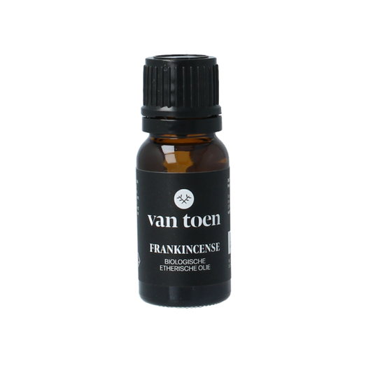 Van Toen organic frankincense essential oil in a 10ml bottle, featuring a clear label and amber glass container.