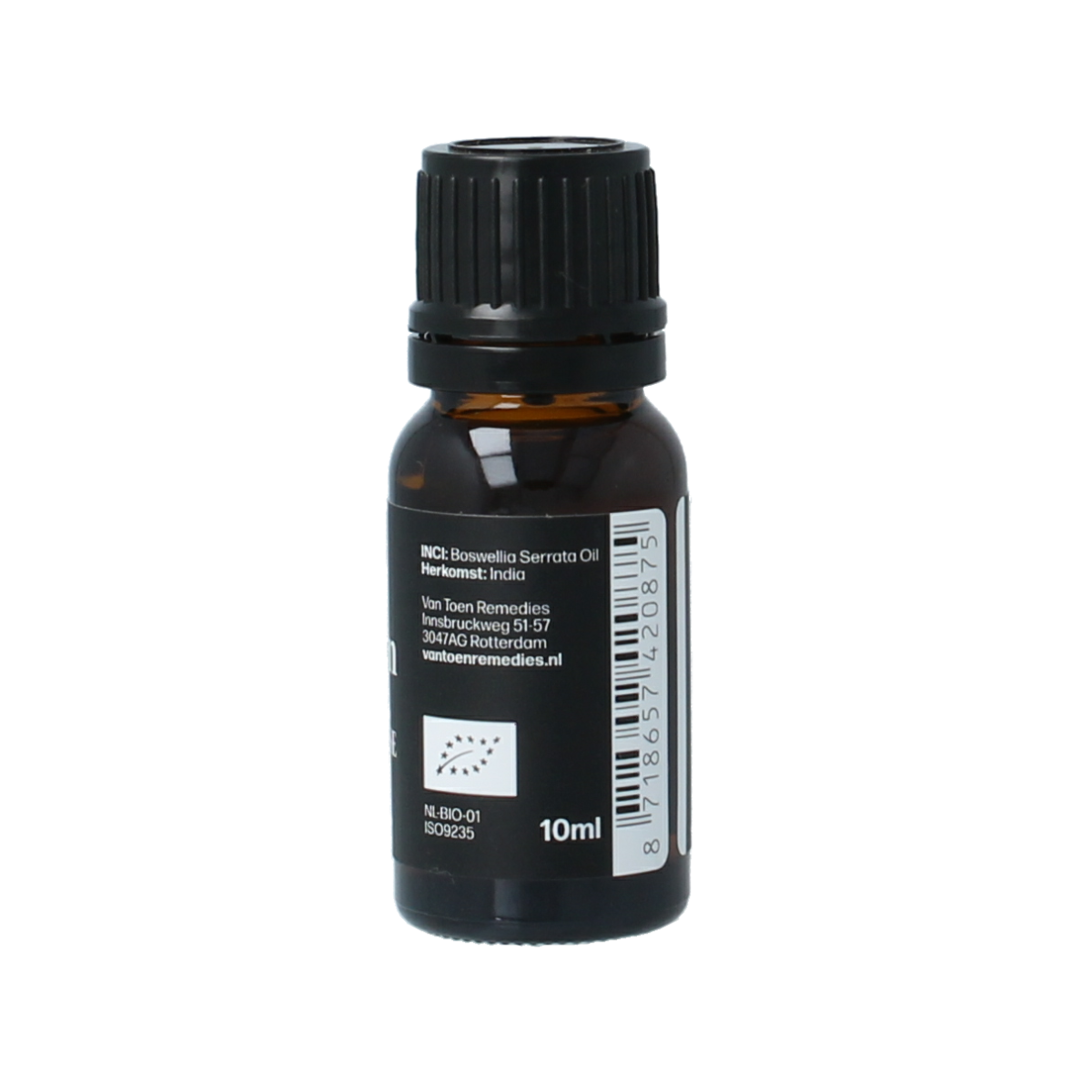 Van Toen bio frankincense essential oil in a 10ml bottle, with a focus on the amber glass and label details