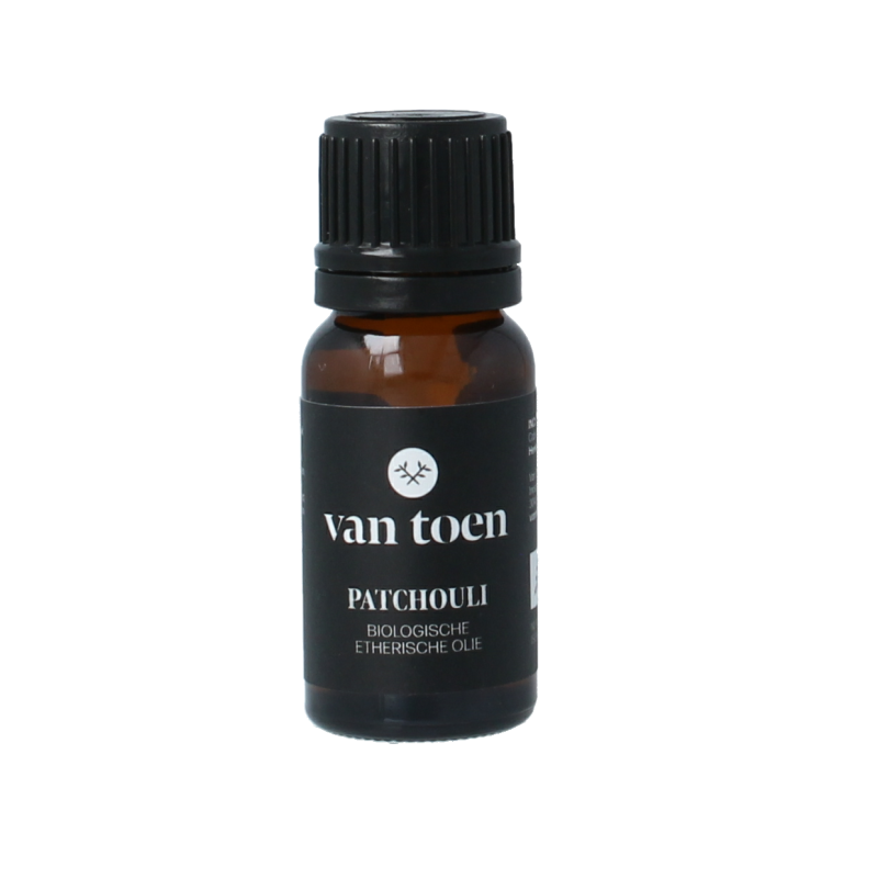 Van Toen Patchouli bio essential oil in a 10ml bottle, with dark amber glass and label showing product details.