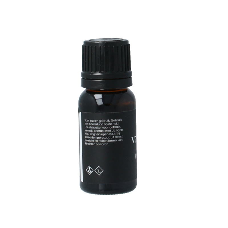 Van Toen Patchouli bio essential oil in a 10ml bottle, showcasing the amber glass container with a white cap.