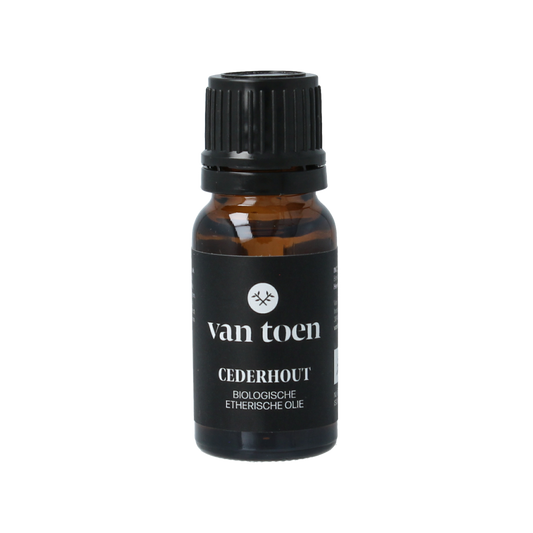 Van Toen bio cederhout essential oil in 10ml bottle, natural aromatic oil with woody scent, for aromatherapy and wellness.