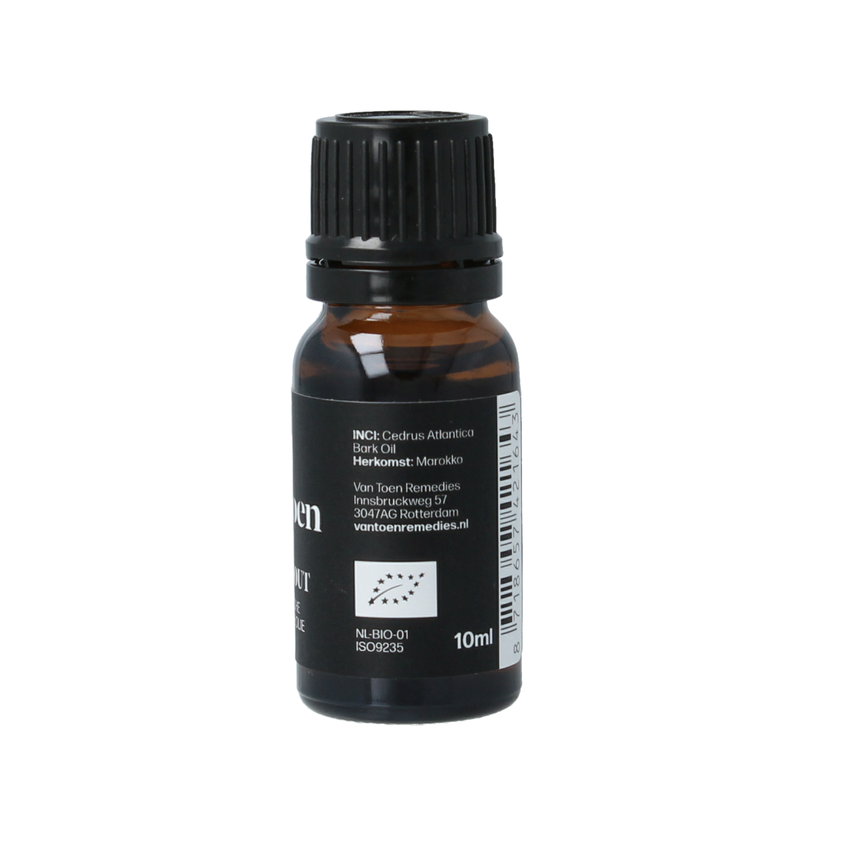 Van Toen Cederhout bio essential oil in a 10 ml bottle, natural aromatic oil from pure cedarwood for aromatherapy.