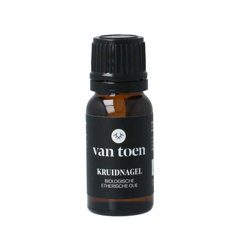 Van Toen bio clove essential oil in a 10ml bottle, with a dropper cap, displayed against a white background.