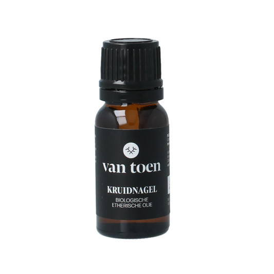 Van Toen bio clove essential oil in a 10ml bottle, with a dropper cap, displayed against a white background.