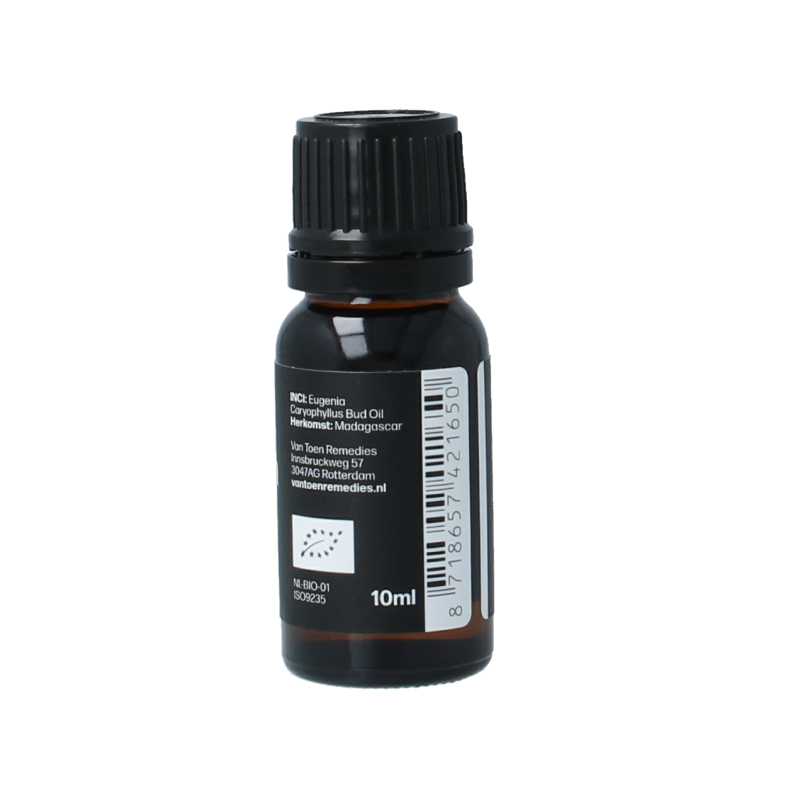 Van Toen bio clove essential oil in a 10ml bottle, showing the amber glass container and product label.