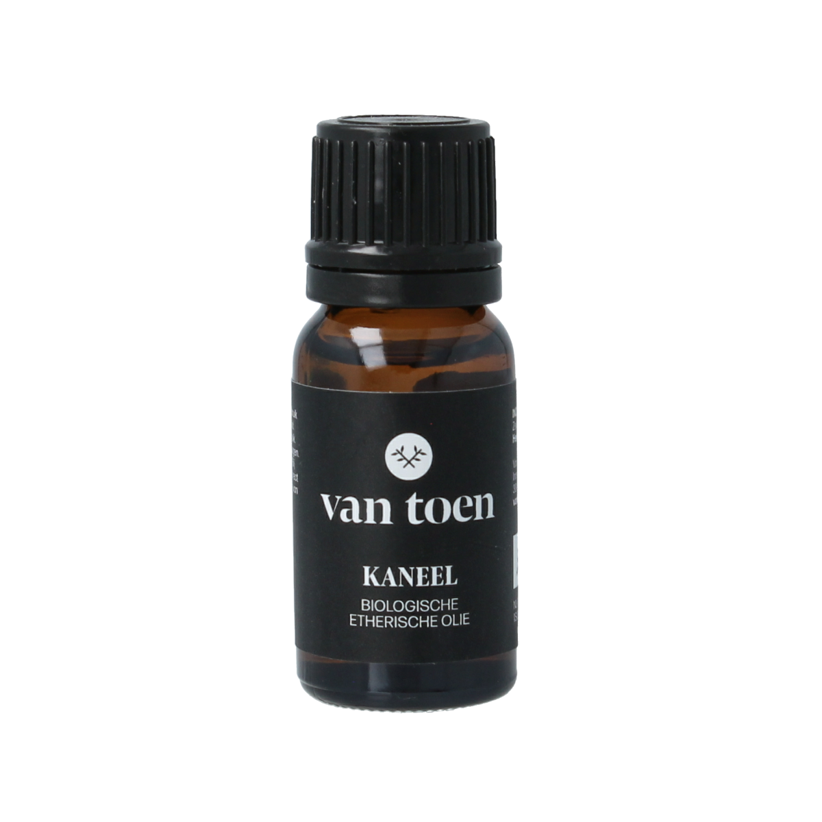 Van Toen Kaneel bio essential oil bottle, 10ml, with cinnamon scent and amber-colored liquid in clear glass bottle.