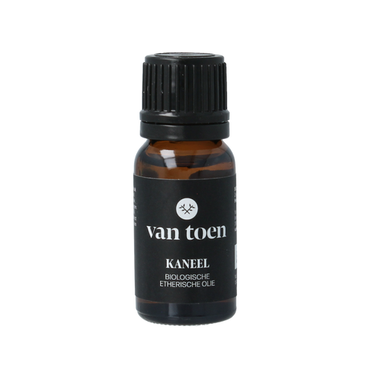 Van Toen Kaneel bio essential oil bottle, 10ml, with cinnamon scent and amber-colored liquid in clear glass bottle.