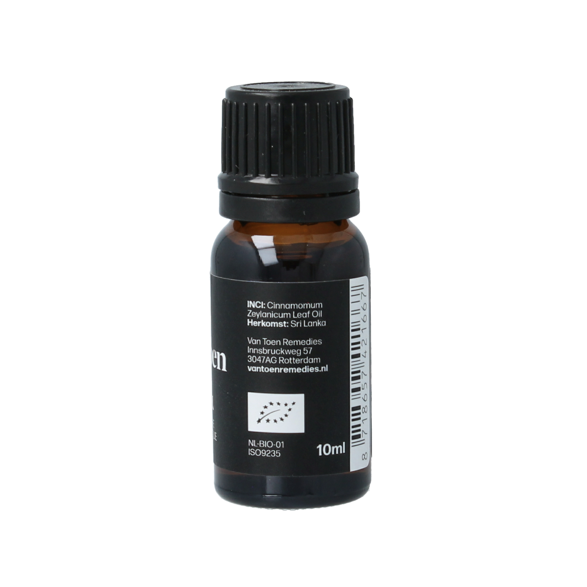 Van Toen Kaneel bio essential oil bottle, 10ml, with amber glass container and label showing cinnamon scent.