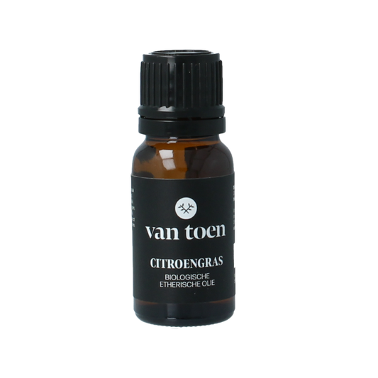 Van Toen Citroengras bio essential oil bottle, 10ml, with clear label and green cap, showcasing natural citrus scent.