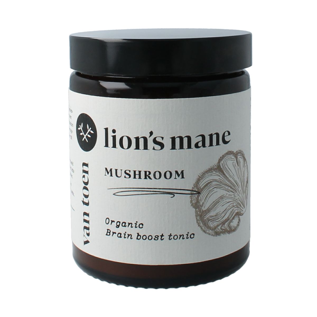 Van Toen Lion's Mane organic powder in a clear jar, showing the herbal supplement for cognitive health.