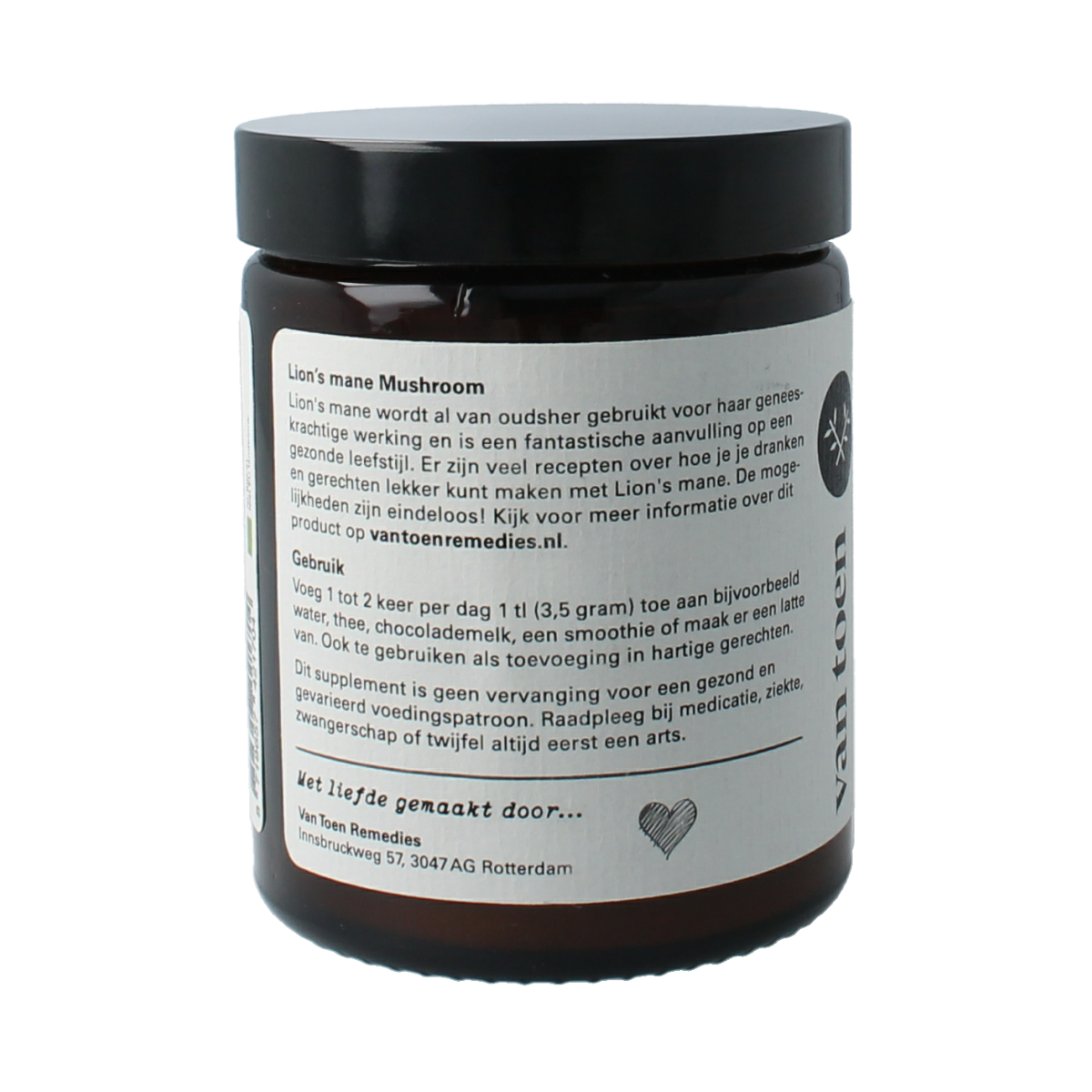 Van Toen Lion's Mane Bio powder in a 80g package, featuring herbal supplement packaging with product details on label