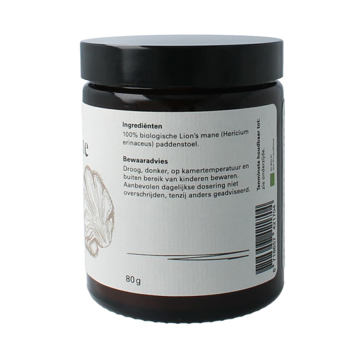 Van Toen Lion's Mane bio powder in a 80g package, herbal supplement with mushroom extract for cognitive health.
