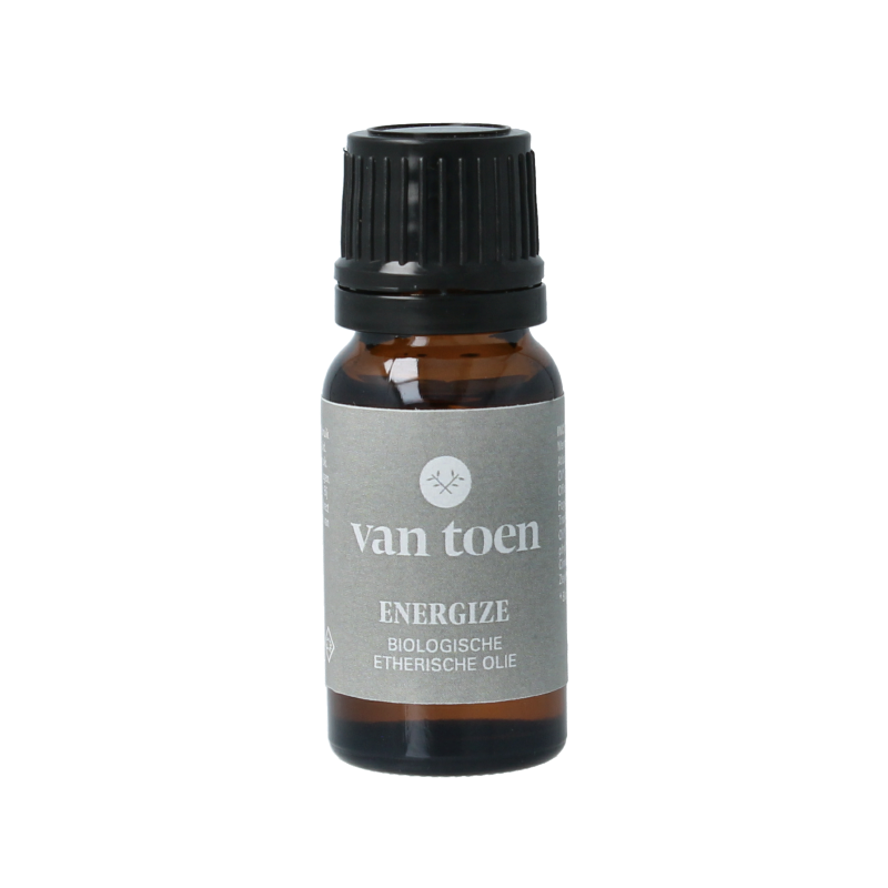 Van Toen Energize mix 10ml essential oil bottle, showing clear label and amber glass container for aromatic oil use.