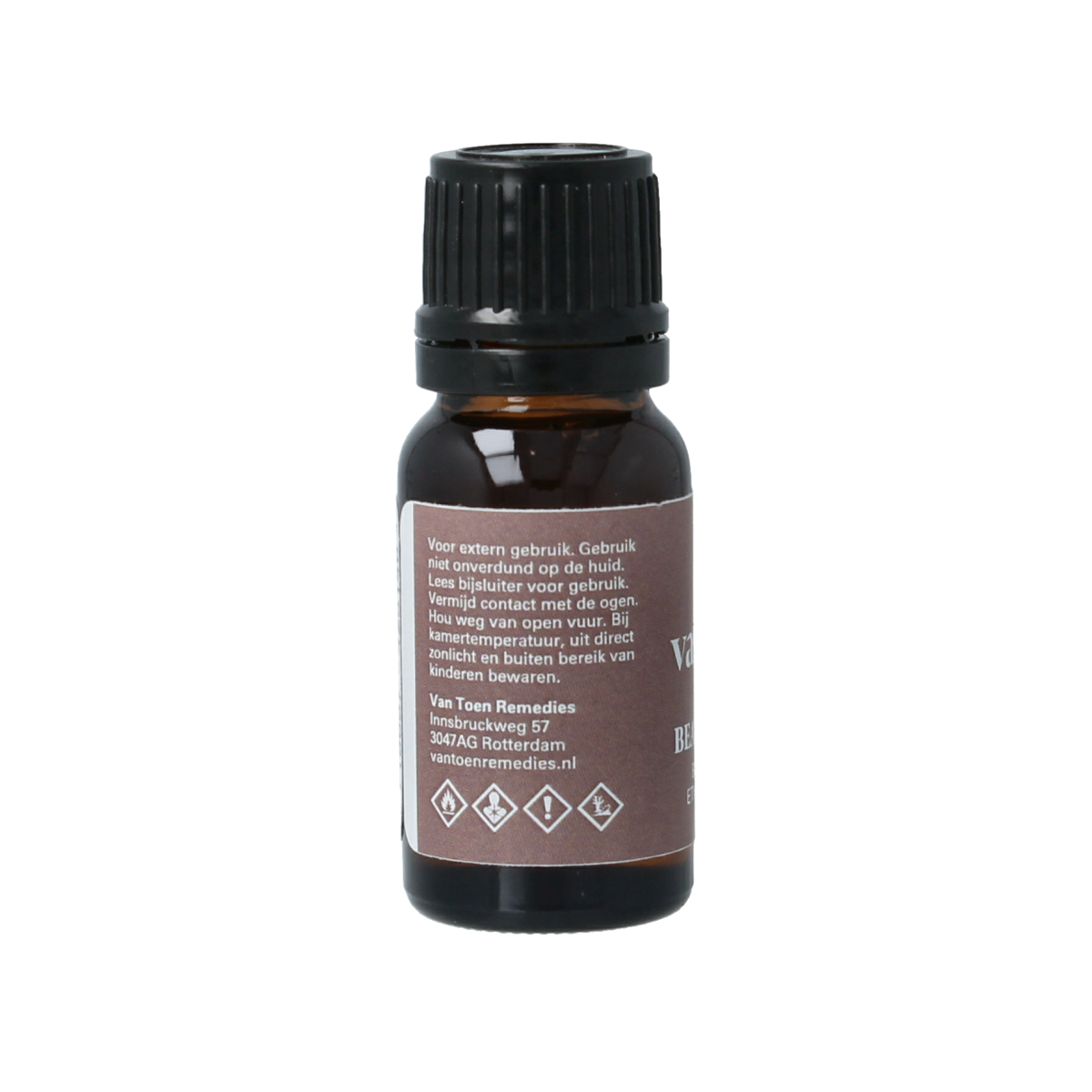 Van Toen Beauty blend mix bio essential oil bottle, 10ml, with amber glass and white label showing product details.