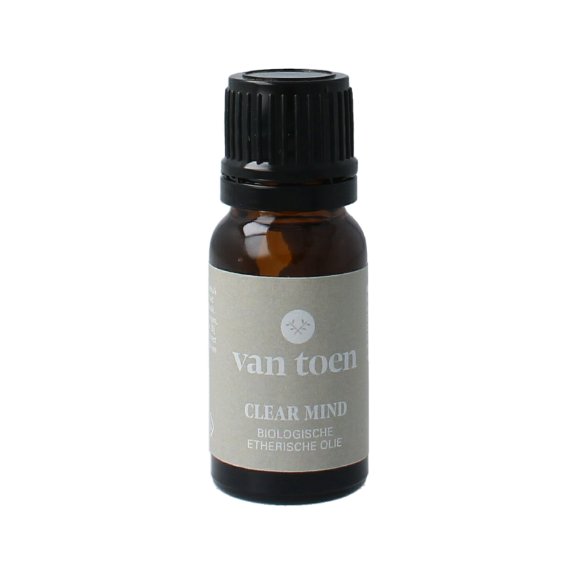 Van Toen Clear Mind Mix bio essential oil in a 10ml bottle, showing the labeled glass container with a white cap.