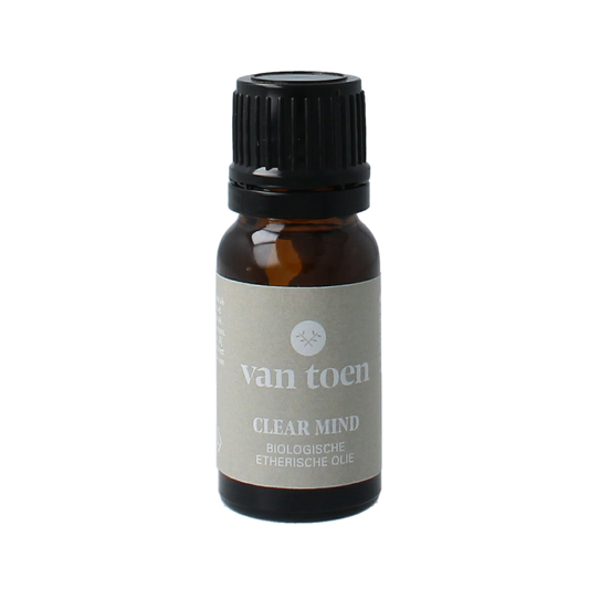 Van Toen Clear Mind Mix bio essential oil in a 10ml bottle, showing the labeled glass container with a white cap.