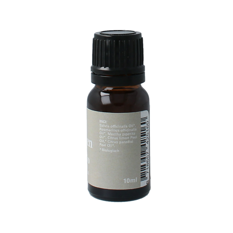 Van Toen Clear Mind Mix organic essential oil in a 10ml bottle, showing the label and transparent glass container.