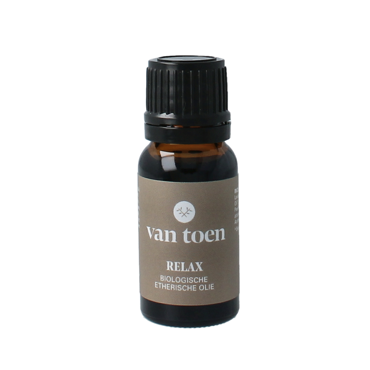 Van Toen Relax mix bio essential oil in a 10ml bottle, showcasing the natural glass container with a white cap.