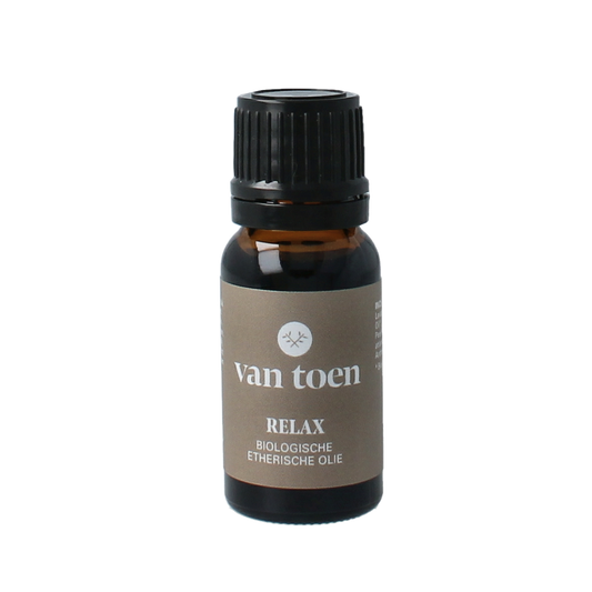 Van Toen Relax mix bio essential oil in a 10ml bottle, showcasing the natural glass container with a white cap.