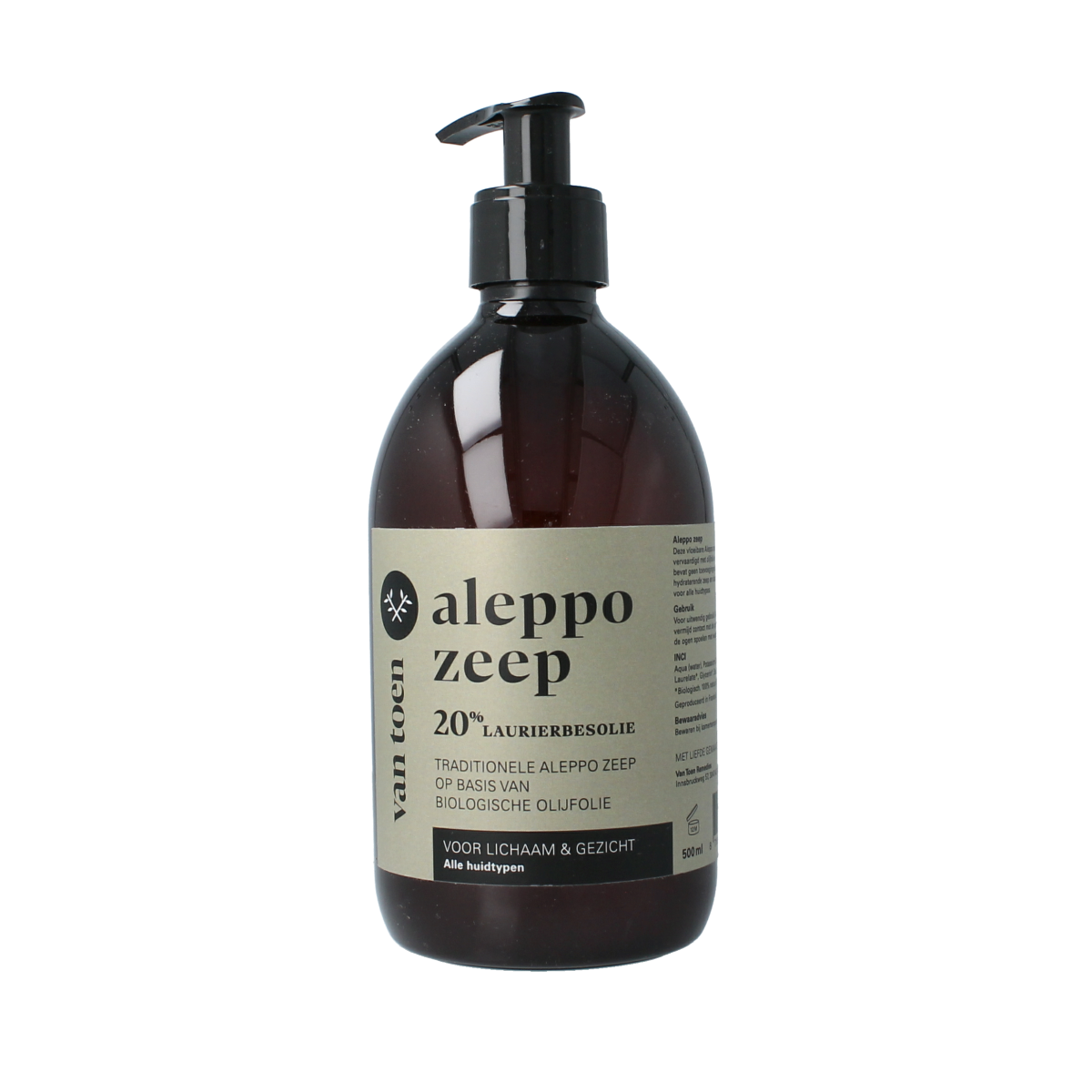 Van Toen Aleppo zeep 20% vloeibare biologische lichaamsverzorging in 500ml bottle, natural and gentle for skin care.