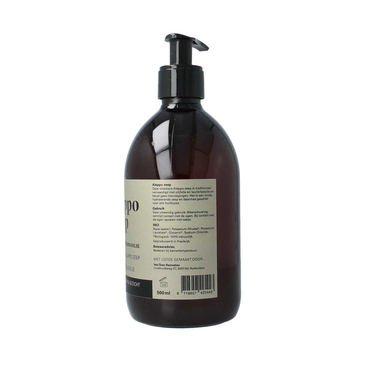 Van Toen Aleppo zeep 20% vloeibare biologische lichaamsverzorging in 500ml bottle, natural soap with olive oil.