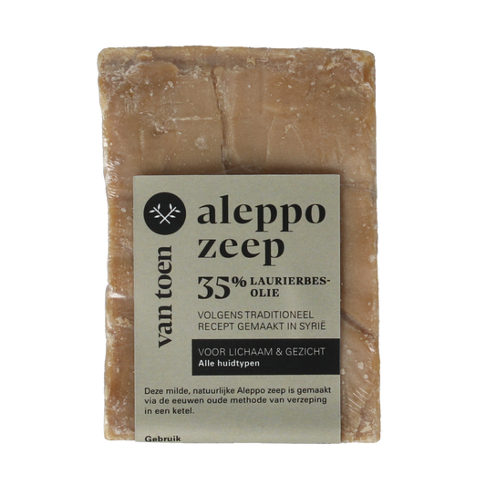 Van Toen Aleppo soap with 35% laurel oil, 190g, showing a bar of traditional olive and laurel soap with packaging.