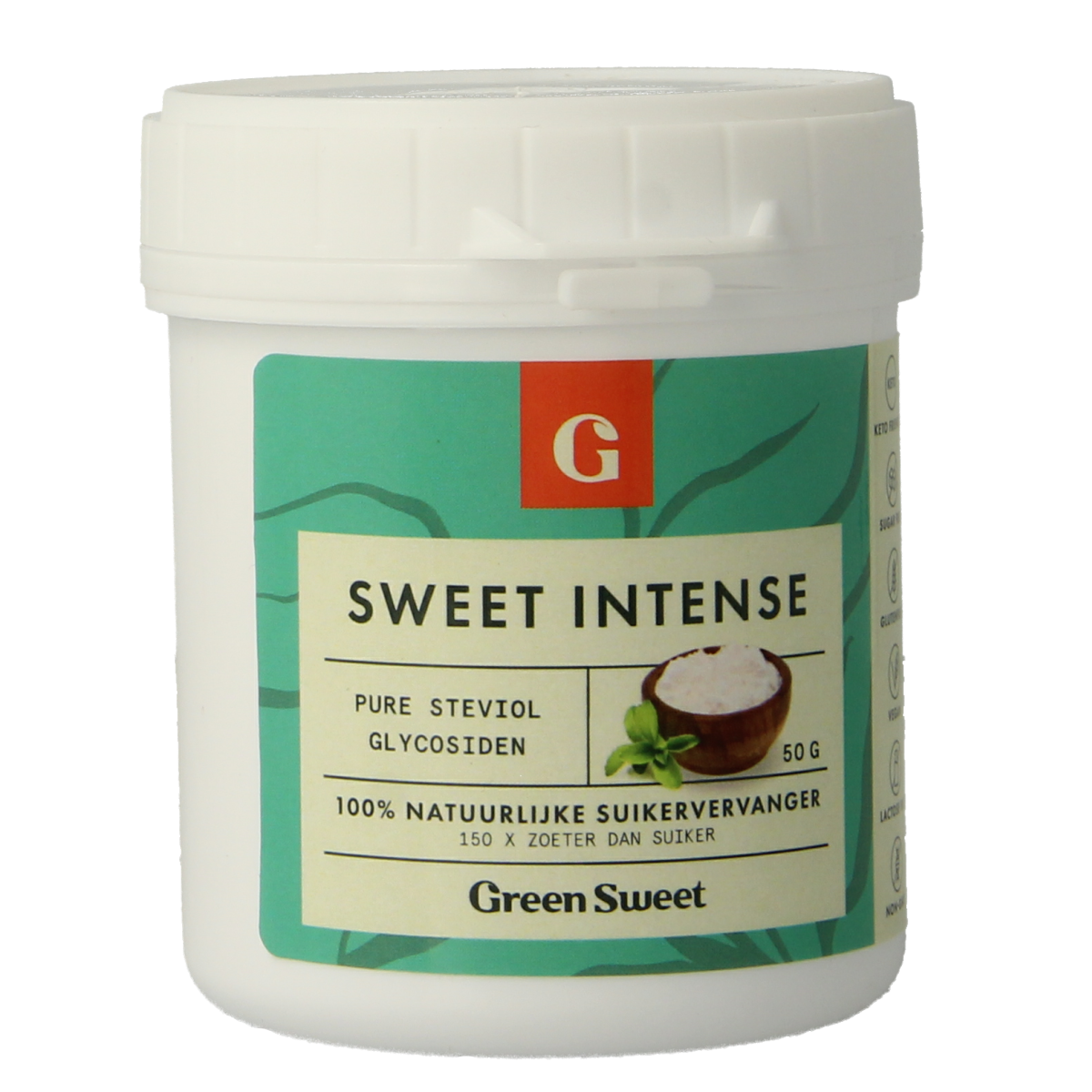 Green Sweet Sweet intense sugar substitute in a 50g package, featuring bright green packaging and product details.