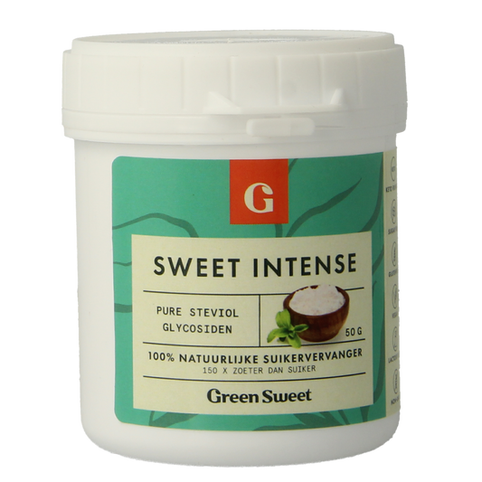 Green Sweet Sweet intense sugar substitute in a 50g package, featuring bright green packaging and product details.