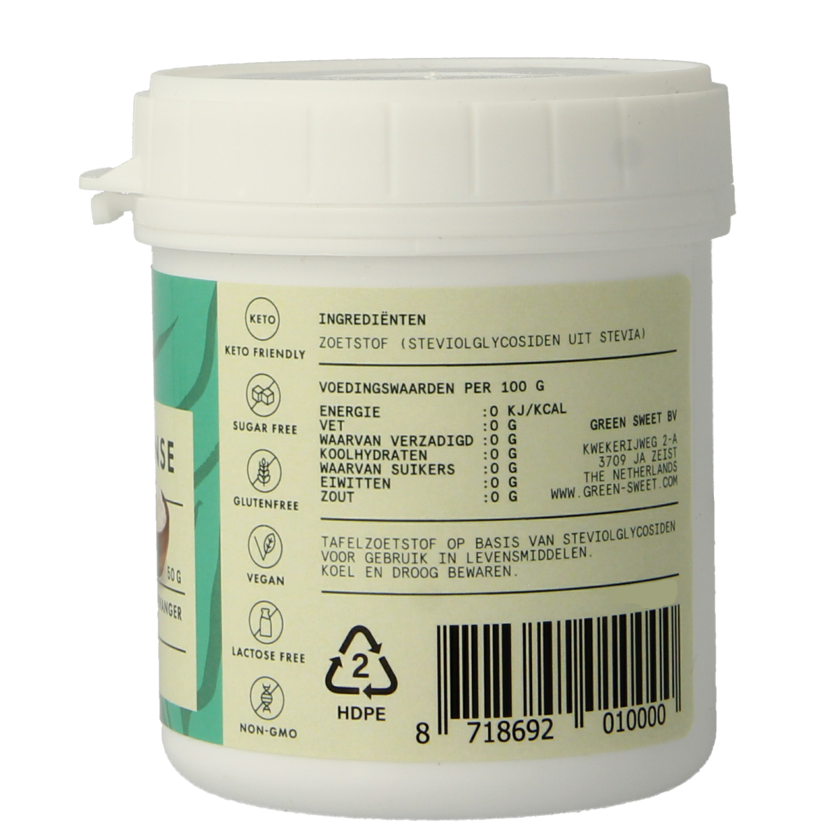 Green Sweet Sweet intense sugar substitute in a 50g package, with green packaging and product label visible.