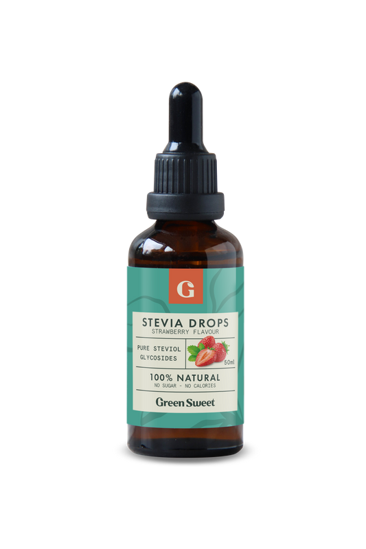 Green Sweet Green Sweet Sweet Vloeibaar Stevia aardbei, 50ml, natural sweetener in a clear dropper bottle with strawberry flavor