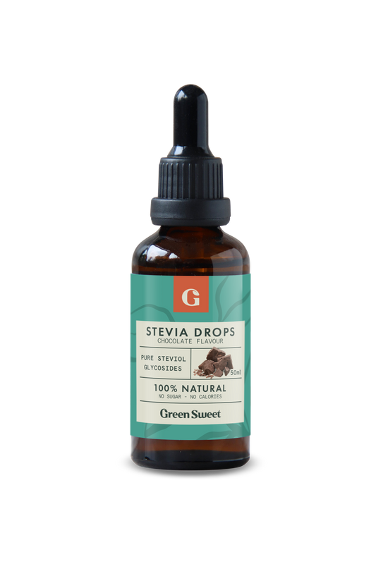 Green Sweet Sweet Vloeibaar Stevia Chocola in 50ml bottle, natural sugar substitute for baking and beverages.
