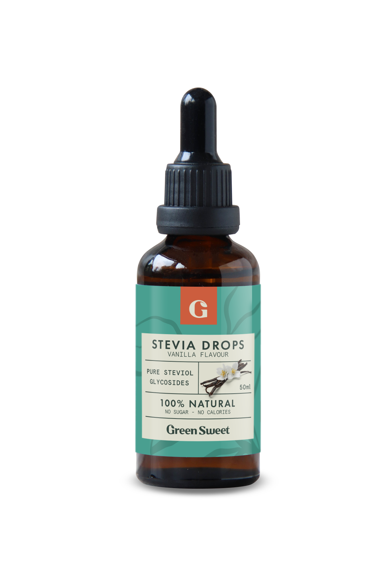 Green Sweet Sweet Vloeibare Stevia vanille in 50ml bottle, clear liquid with vanilla flavor for sweetening beverages and desserts.