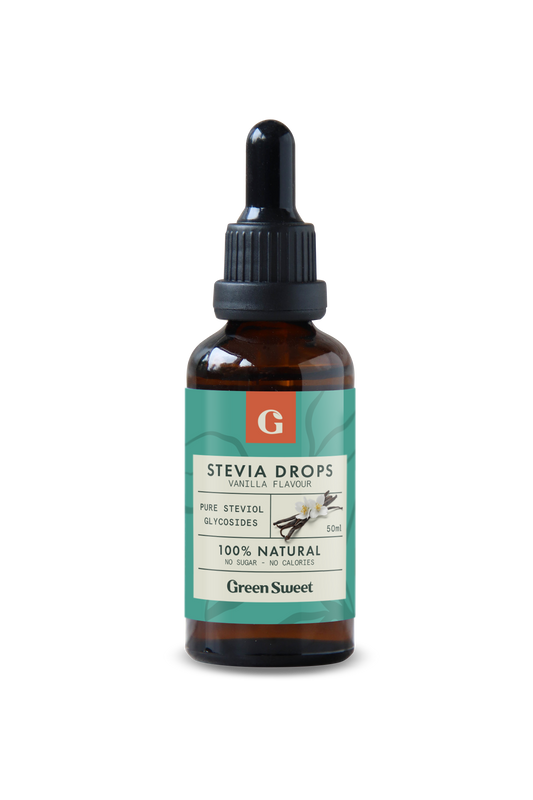 Green Sweet Sweet Vloeibare Stevia vanille in 50ml bottle, clear liquid with vanilla flavor for sweetening beverages and desserts.