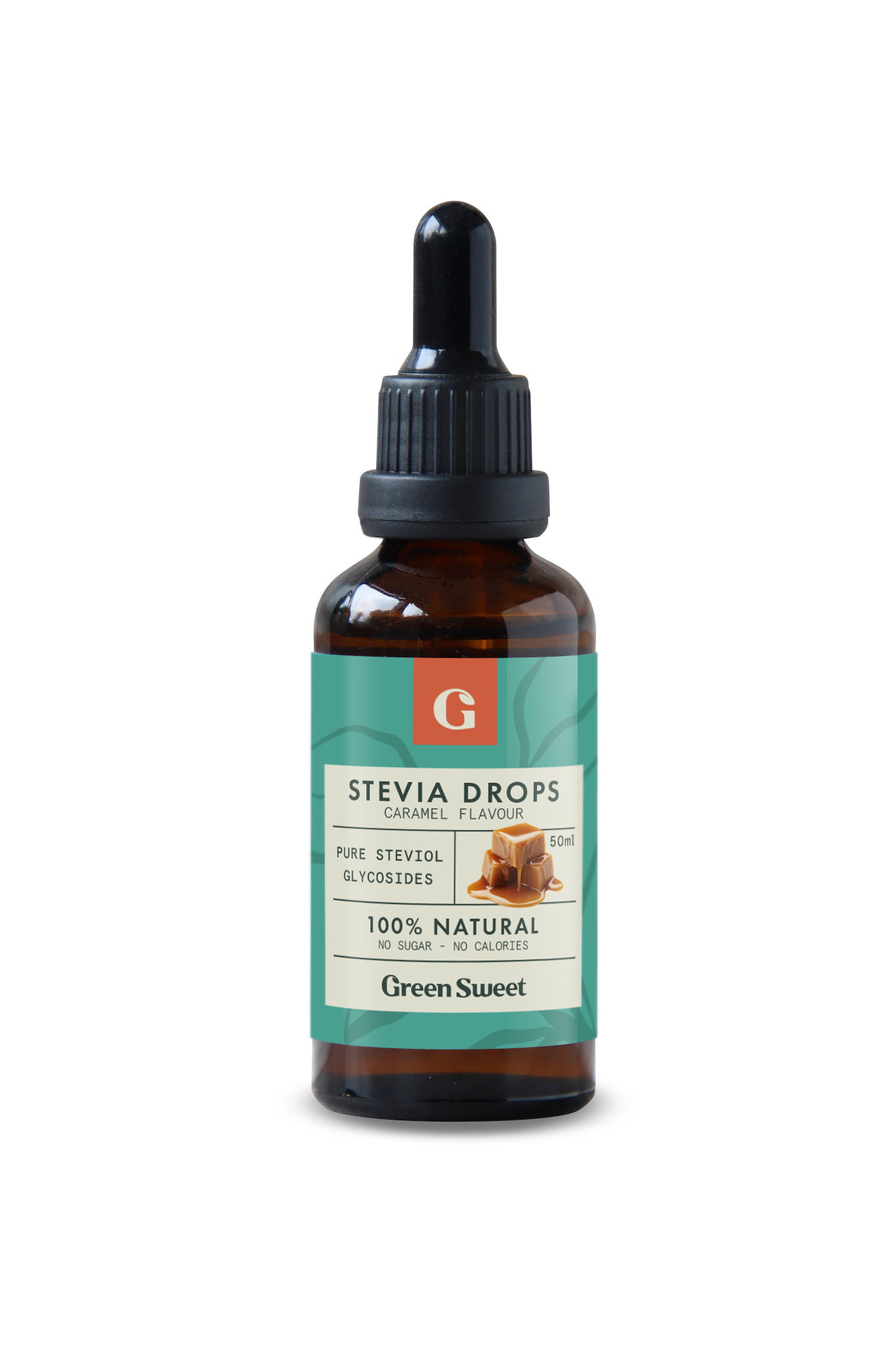 Green Sweet sweet stevia caramel liquid in 50ml bottle, natural sugar substitute from the Suikers en Zoetstoffen category.