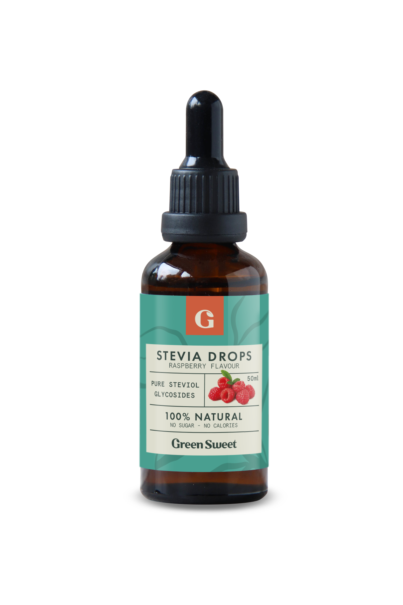 Green Sweet Sweet Vloeibare Stevia Framboos in 50ml bottle, natural raspberry flavor, sugar substitute for healthier sweetening.