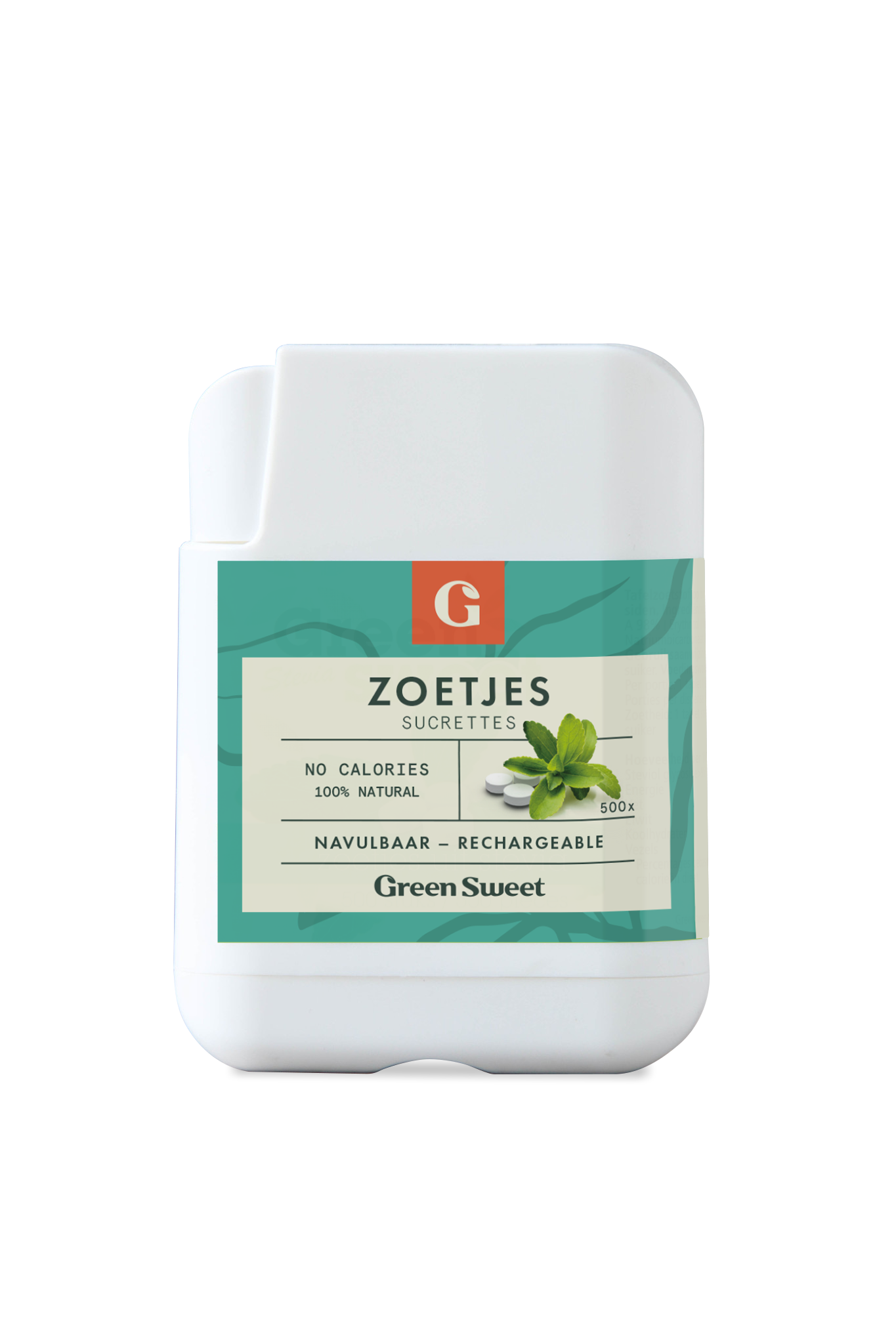 Green Sweet hervulbare suiker- en zoetstofdispenser in groen, 500 stuks, ideal voor het bewaren van zoetjes en suikervrije zoetstoffen.