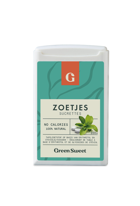 Green Sweet Zoetjes sugar and sweetener packets, 200 count, with green branding and individual sachets visible.