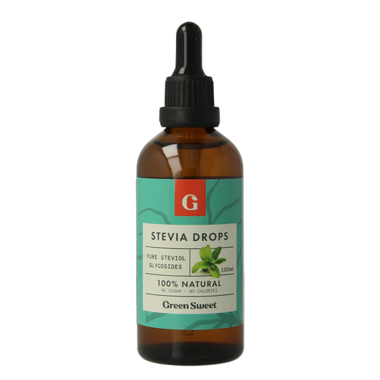 Green Sweet natural liquid stevia in a 100ml bottle, a plant-based sweetener for cooking and beverages.