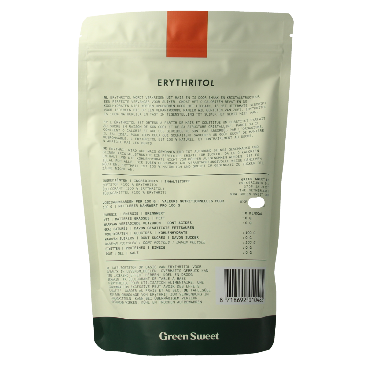 Green Sweet Erythritol sweetener in a 400g package, natural sugar substitute, with green branding and clear packaging.